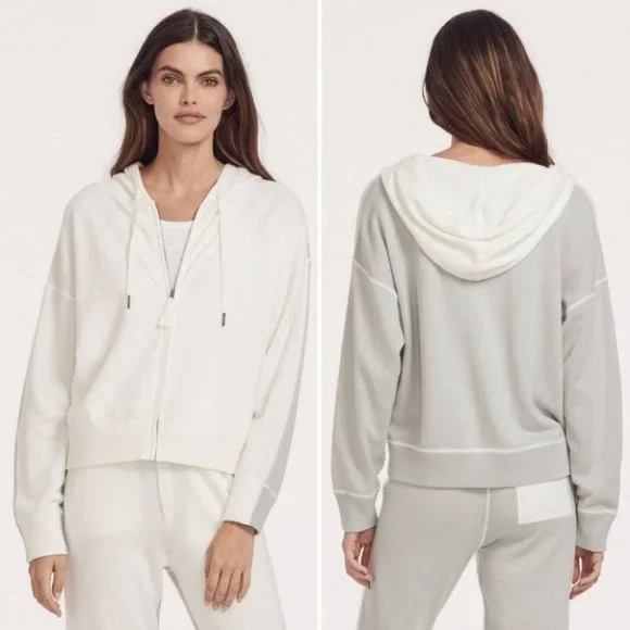 NWT! 360 CASHMERE Zipup colorblock Hoodie Tulah Sweater Ivory Size Small